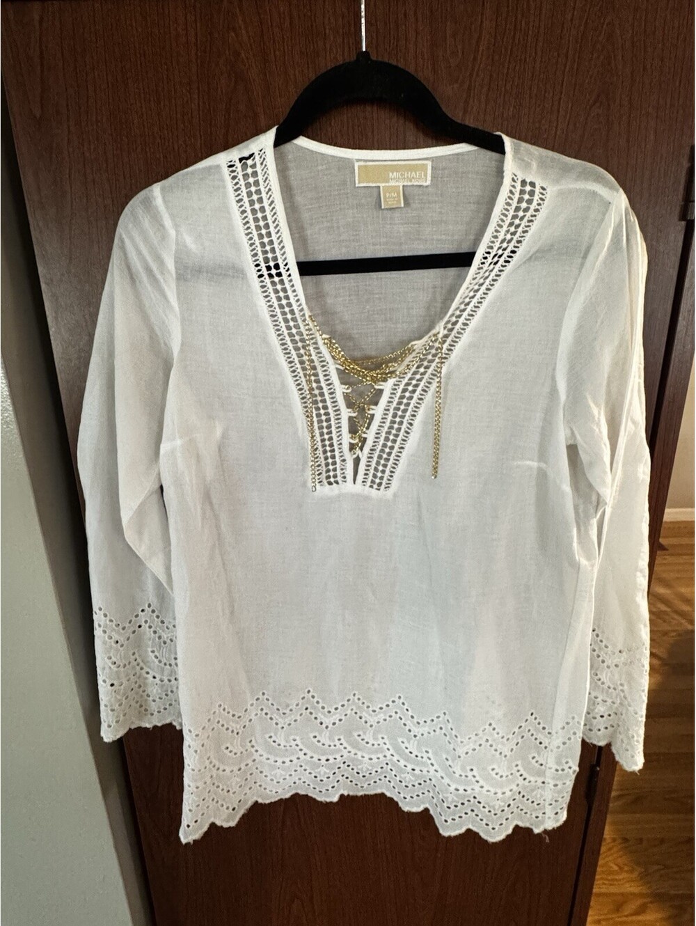 Michael Michael Kors Petite M White Eyelet Blouse Gold Chain Lace Up Boho